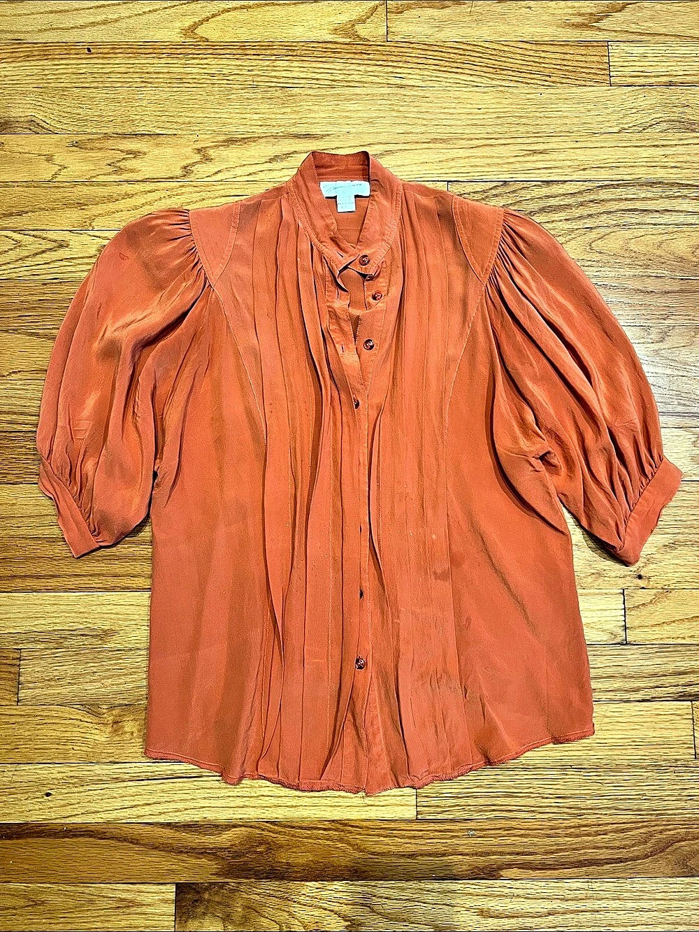 Norma Jeane Coral Pleated 100% Silk Blouse with Flowy Sleeves